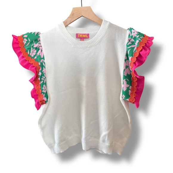 THML Cream Sweater Blouse with Pink and Green Ruffle Sleeves Sz Small - Picture 2 of 6